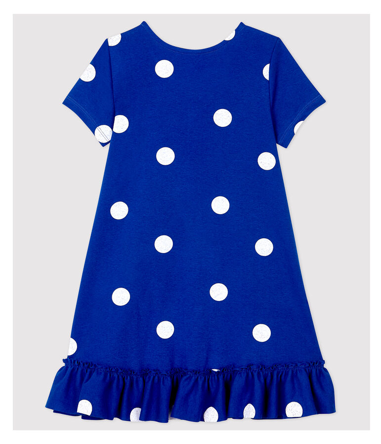 Robe manches courtes en coton et lin enfant fille bleu SURF/blanc MARSHMALLOW