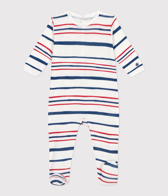 Pyjama bébé en coton ouverture au dos rayé blanc ECUME/ INCOGNITO/ MULTICO