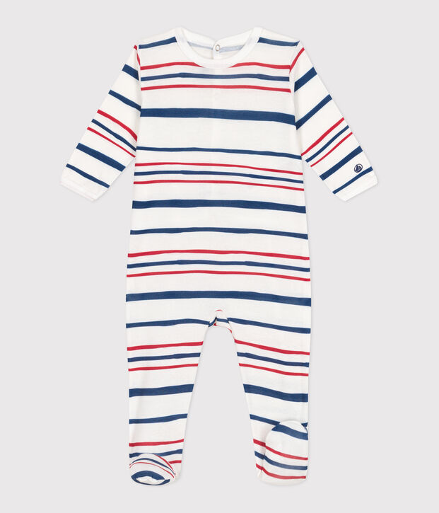 Pyjama b&eacute;b&eacute; en coton ouverture au dos ray&eacute; blanc/bleu/multicouleur