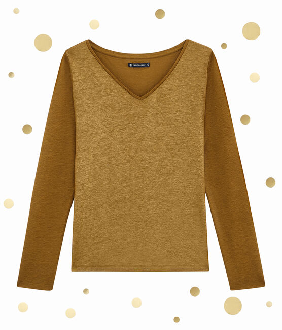 Tee shirt femme manches longues marron BRINDILLE/jaune DORE
