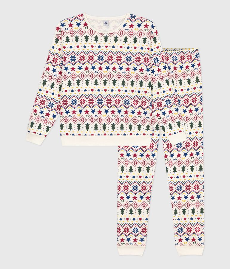 Pyjama femme en coton imprim&eacute; No&euml;l &eacute;cru/multicouleur