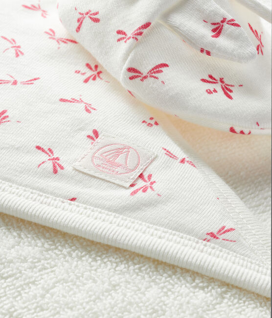 Coffret carré de bain et chaussons bébé en éponge et côte blanc MARSHMALLOW/rose GROSEILLER