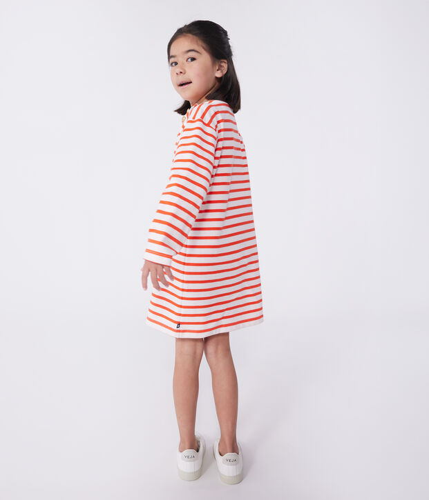 Robe enfant en coton manches longues &agrave; rayures rose/rouge