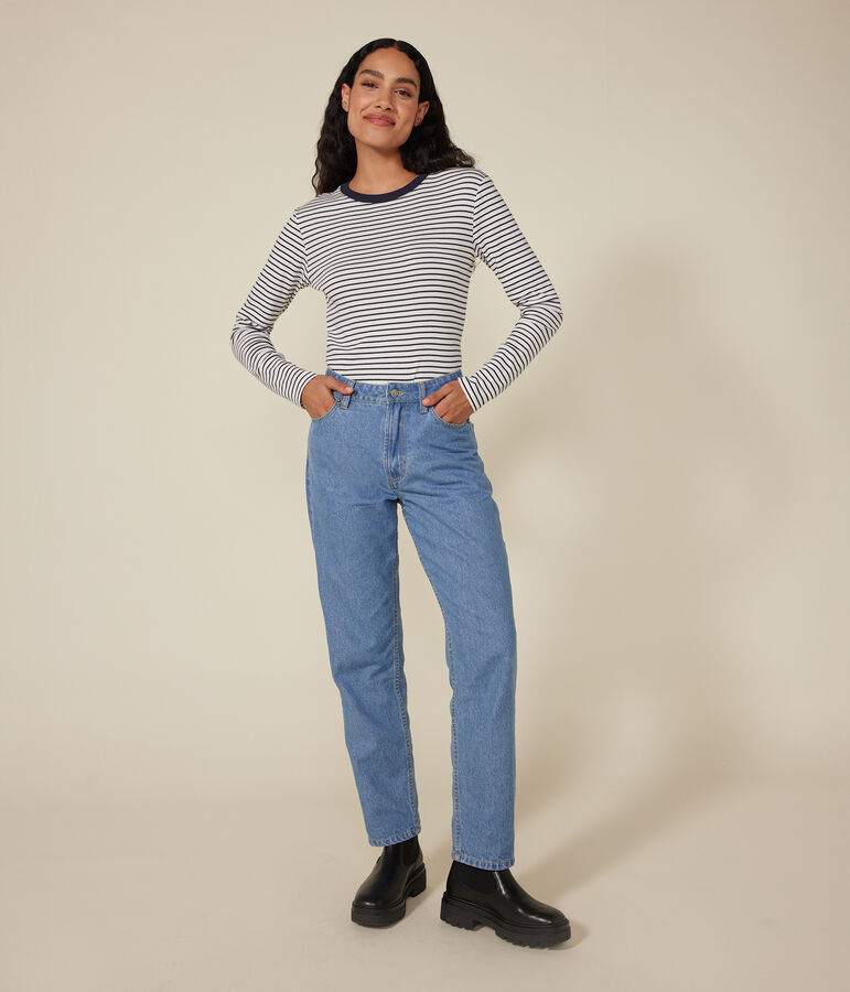 Tee-shirt l'Iconique manches longues en coton ray&eacute; femme blanc MARSHMALLOW/bleu SMOKING