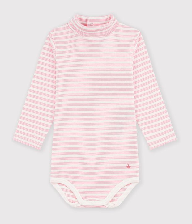 Body b&eacute;b&eacute; col roul&eacute; en coton &agrave; rayures rose/rose