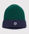 Bonnet enfant en tricot bicolore doubl&eacute; polaire vert/bleu