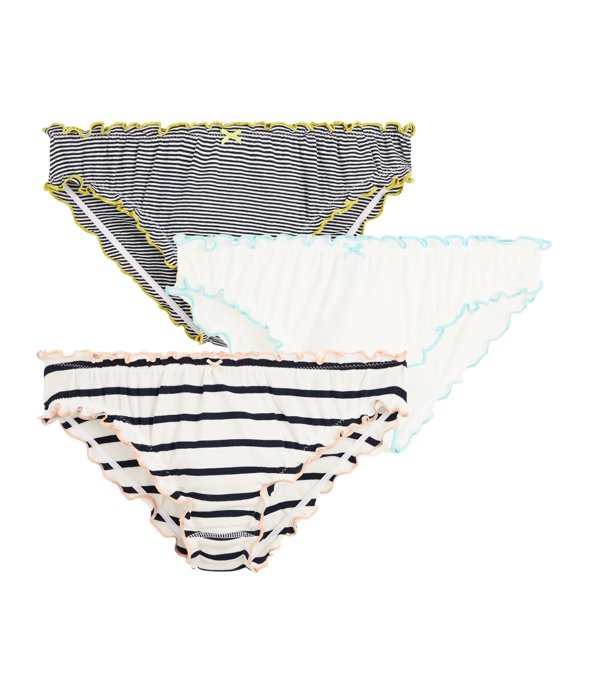 Petit Bateau Lot De 3 Culottes Fille Coton Côte 1x1 Taille Haute – Multicolore Cœurs & Rayures – 3 Ans