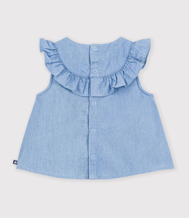 Blouse b&eacute;b&eacute; en coton sans manches en chambray brod&eacute; bleu