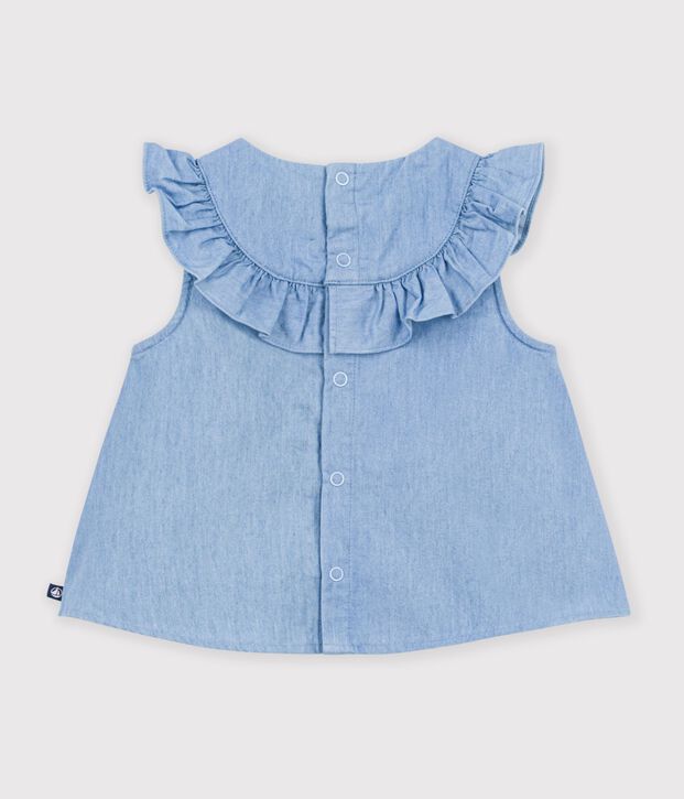 Blouse b&eacute;b&eacute; en coton sans manches en chambray brod&eacute; bleu