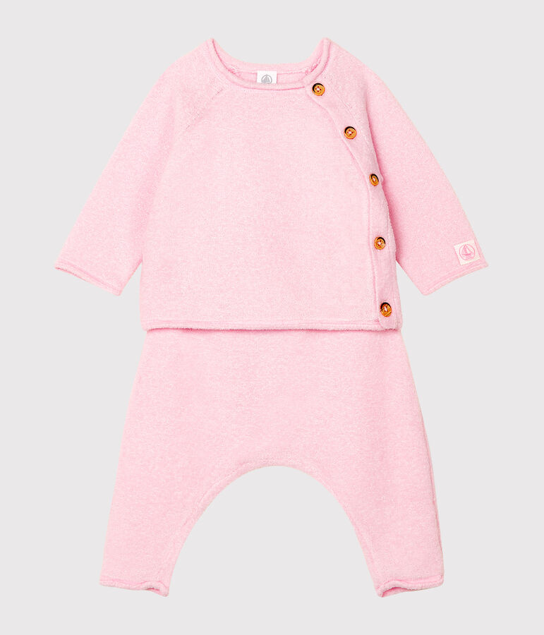 Ensemble deux pi&egrave;ces b&eacute;b&eacute; en coton, laine m&eacute;rinos et polyester rose