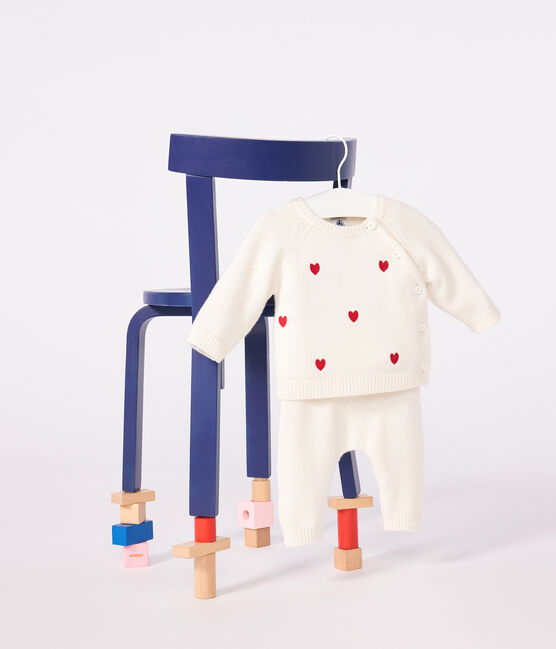 Ensemble 2 pièces bébé en tricot et cœurs brodés rouge MARSHMALLOW/ POMPEI