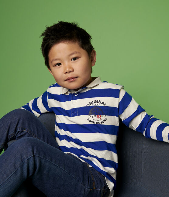 Polo manches longues en jersey enfant garçon bleu SURF/blanc MARSHMALLOW