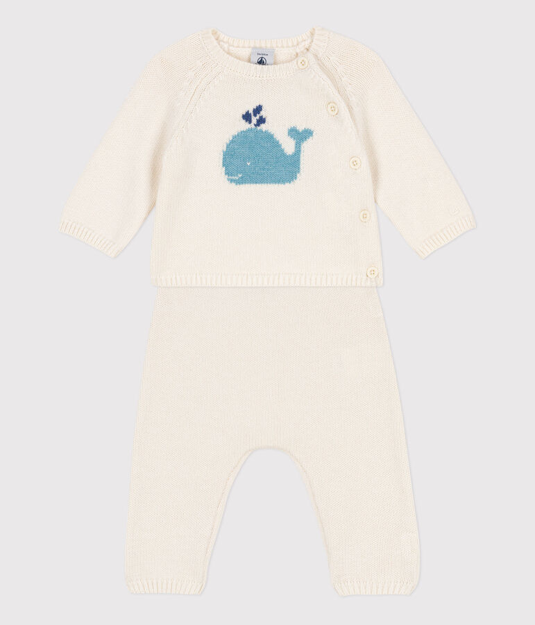 Ensemble en tricot laine et coton b&eacute;b&eacute; blanc MARSHMALLOW