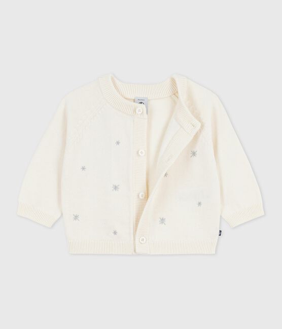 Cardigan bébé en tricot laine et coton brodé d'étoiles blanc MARSHMALLOW/gris ARGENT