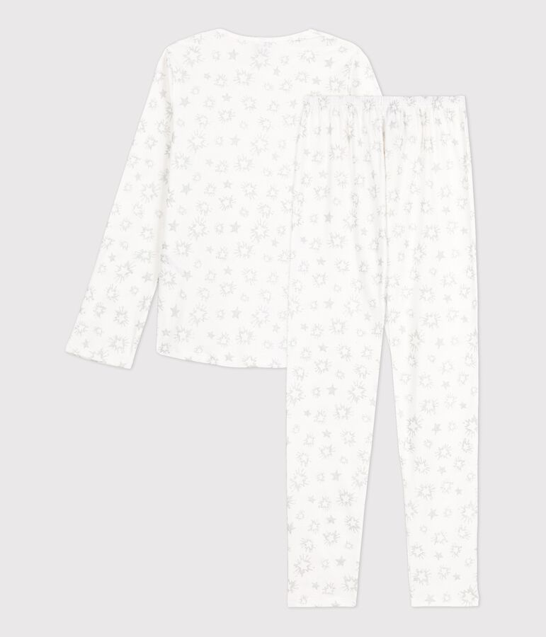 Pyjama imprim&eacute; &eacute;toiles fille en coton blanc MARSHMALLOW/blanc MULTICO