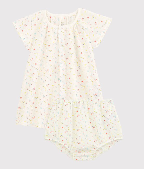Robe manches courtes fruitée avec bloomer bébé fille en tubique chaine et trame en coton biologique blanc MARSHMALLOW/blanc MULTICO