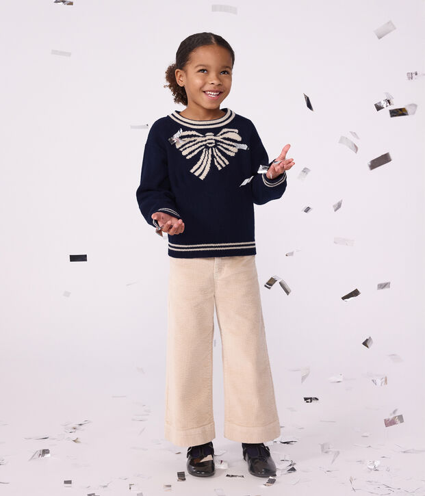 Pull enfant en laine et coton motif n&oelig;ud bleu/beige