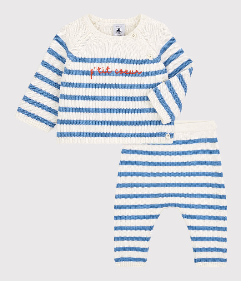 Ensemble 2 pi&egrave;ces marini&egrave;re b&eacute;b&eacute; en tricot laine et coton blanc/bleu