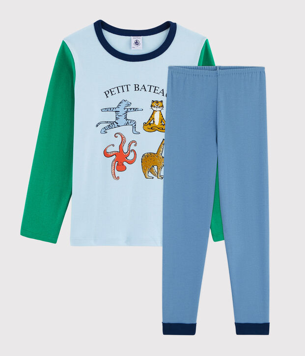Pyjama animaux yoga petit gar&ccedil;on en c&ocirc;te bleu/multicouleur