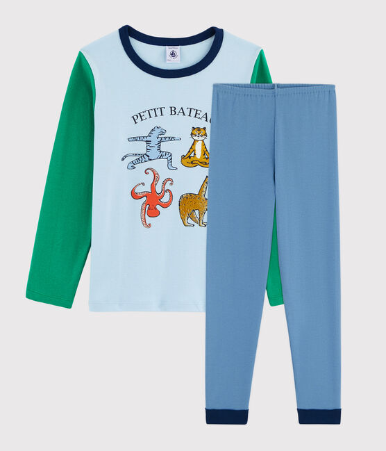 Pyjama animaux yoga petit garçon en côte bleu ALASKA/blanc MULTICO
