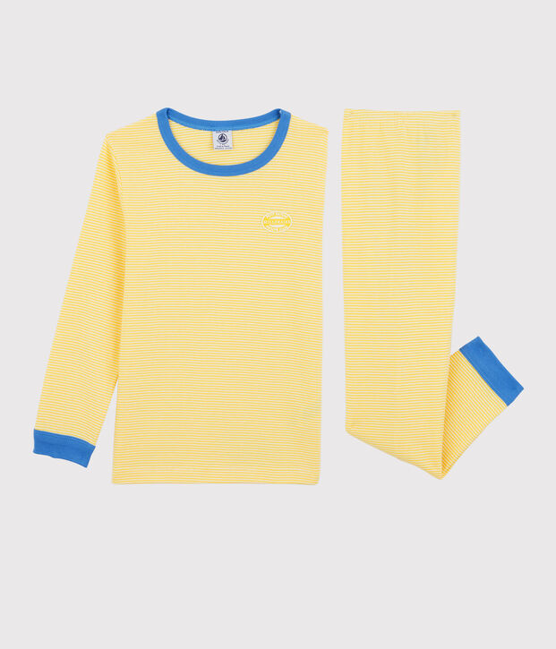 Pyjama ray&eacute; milleraies en coton enfant jaune/blanc
