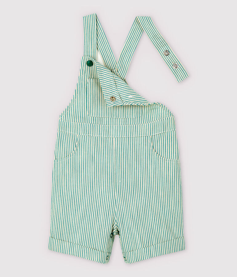 Salopette courte en serge craquante b&eacute;b&eacute; gar&ccedil;on blanc MARSHMALLOW/vert GAZON