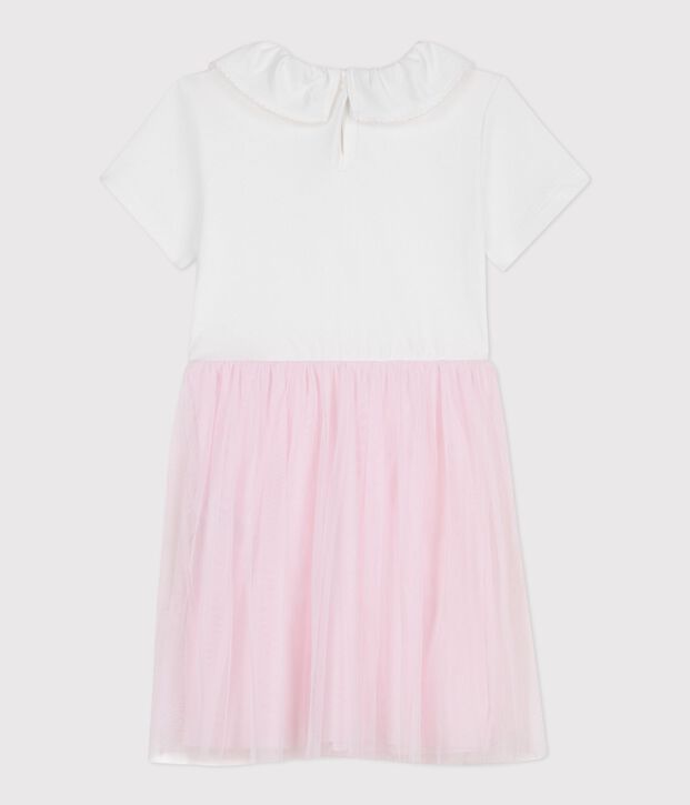 Robe enfant manches courtes en coton et tulle &agrave; motif c&oelig;urs rose/rose