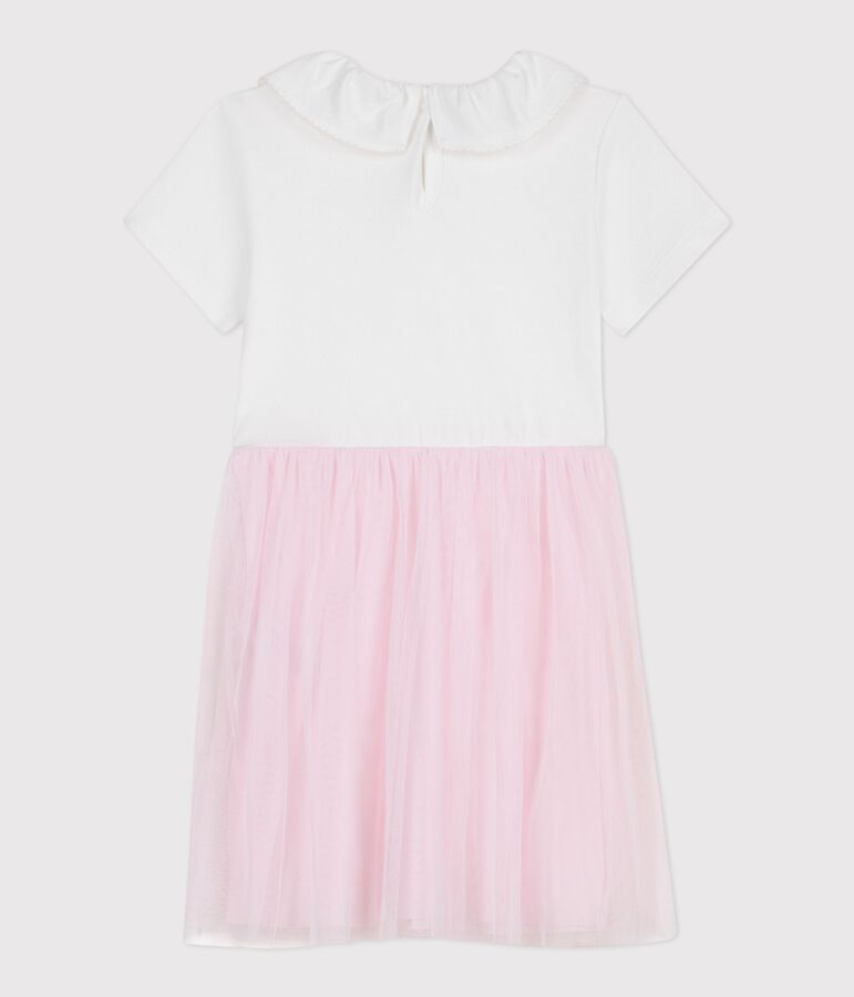 Robe enfant manches courtes en coton et tulle &agrave; motif c&oelig;urs rose ECUME/ BARELY