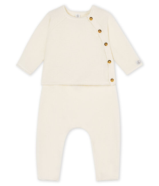 Ensemble deux pièces bébé en coton, laine mérinos et polyester blanc MARSHMALLOW
