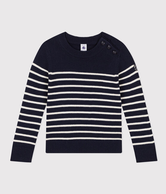 Pull laine et coton enfant fille / garçon bleu SMOKING/blanc MARSHMALLOW
