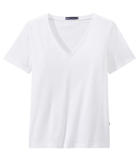 T-shirt femme COL V en jersey fin blanc ECUME