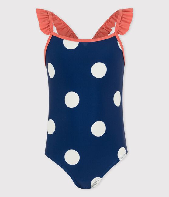Maillot de bain 1 pièce à pois enfant fille bleu MEDIEVAL/blanc MARSHMALLOW