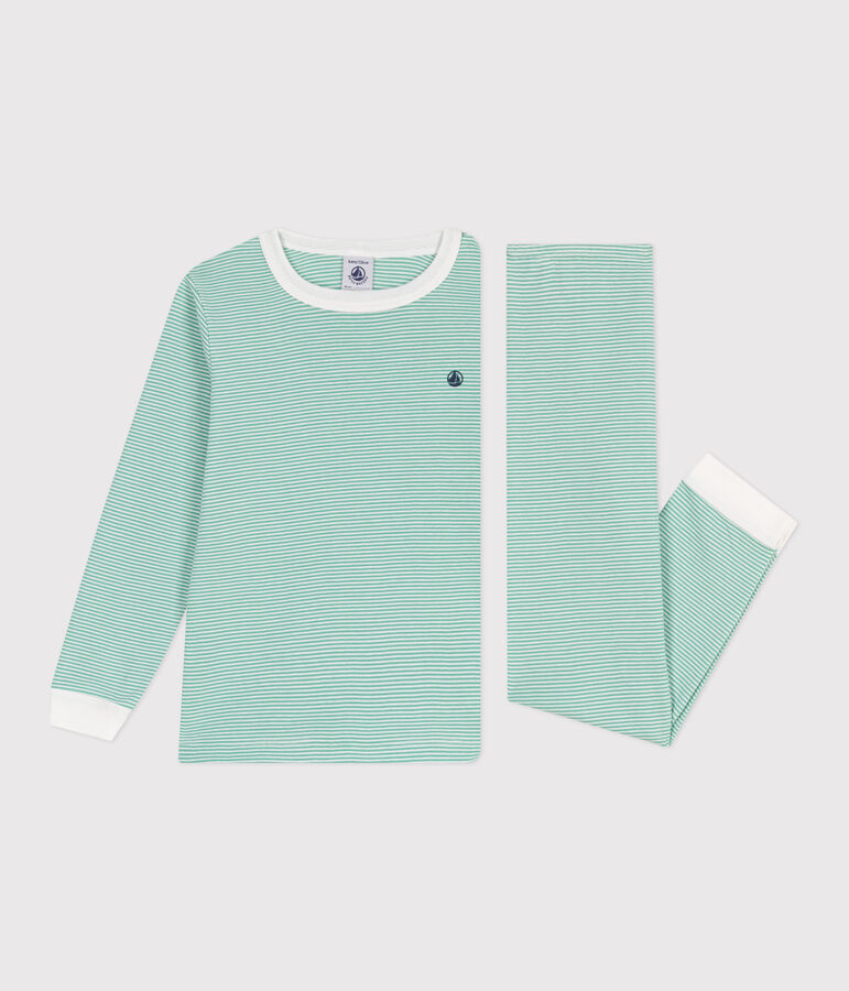 Pyjama enfant en coton &agrave; rayures vert/blanc