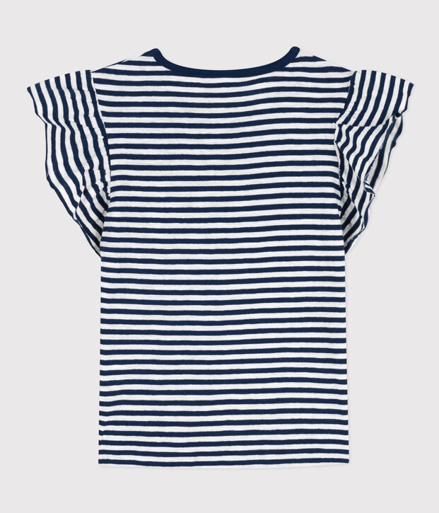 Tee-shirt ray&eacute; en coton enfant fille bleu/blanc