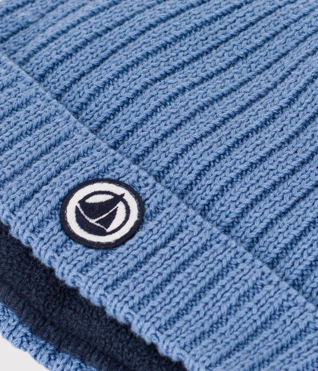 Bonnet b&eacute;b&eacute; en tricot doubl&eacute; en polaire bleu
