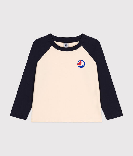 Tee-shirt manches longues en jersey fin enfant garçon blanc AVALANCHE/bleu SMOKING