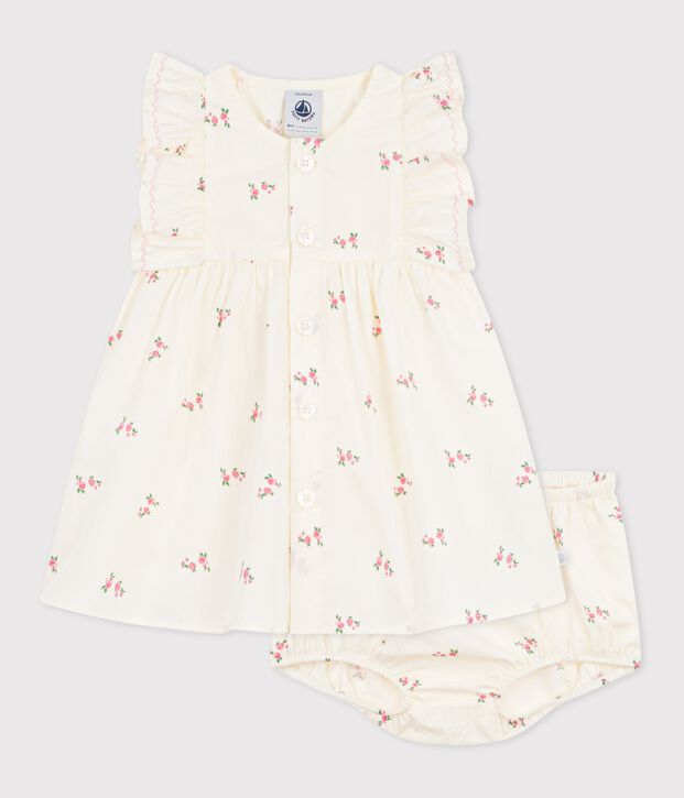 Robe b&eacute;b&eacute; en coton avec son bloomer, imprim&eacute;s fleurs &eacute;cru/multicouleur