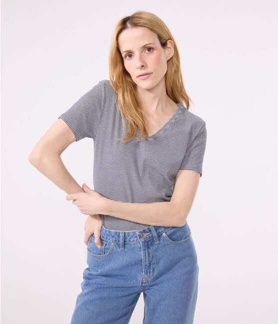 Tee-shirt l'Iconique col V en coton rayé femme bleu SMOKING/blanc MARSHMALLOW