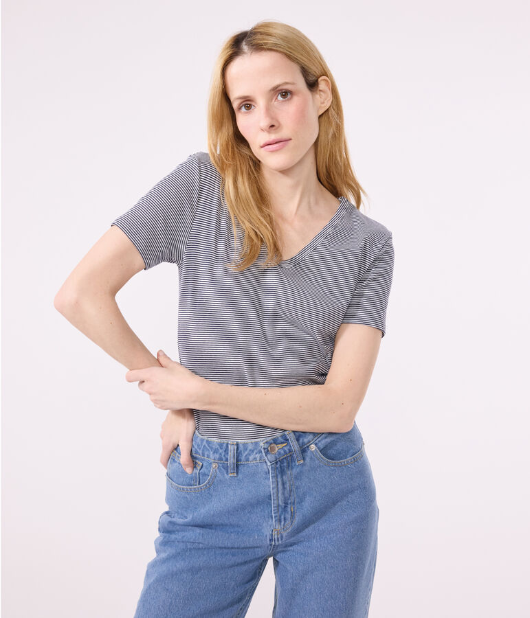 Tee-shirt l'Iconique col V en coton ray&eacute; femme bleu SMOKING/blanc MARSHMALLOW