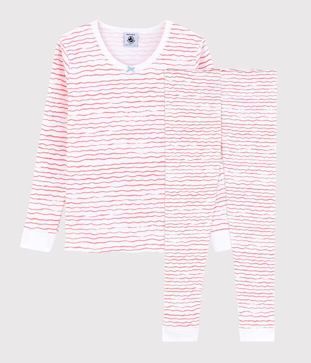 Pyjama snugfit imprim&eacute; vagues roses petite fille en coton blanc/rose