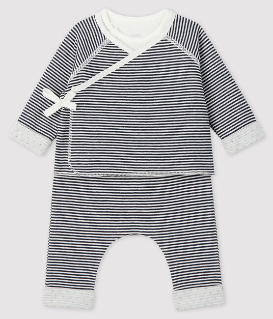 Ensemble 3 pièces bébé en tubique bleu SMOKING/blanc MARSHMALLOW