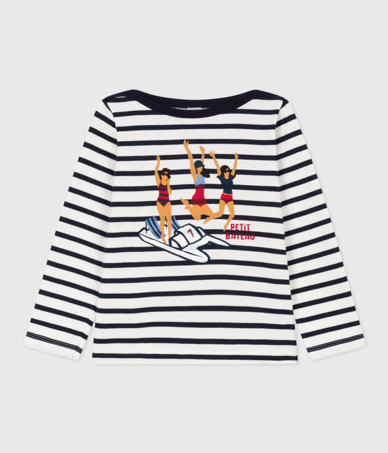 Marinière sérigraphiée en coton épais enfant fille blanc MARSHMALLOW/bleu SMOKING
