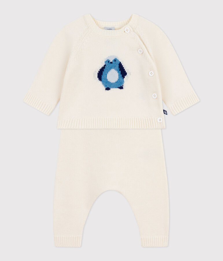 Ensemble 2 pi&egrave;ces b&eacute;b&eacute; en tricot, imprim&eacute; pingouin blanc MARSHMALLOW/blanc MULTICO