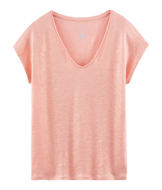 Tee-shirt manches courtes uni femme en lin irisé rose ROSAKO/rose COPPER
