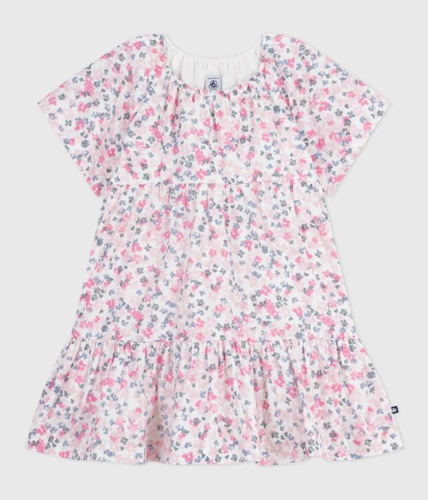 Robe enfant en coton manches courtes imprim&eacute;e blanc/multicouleur