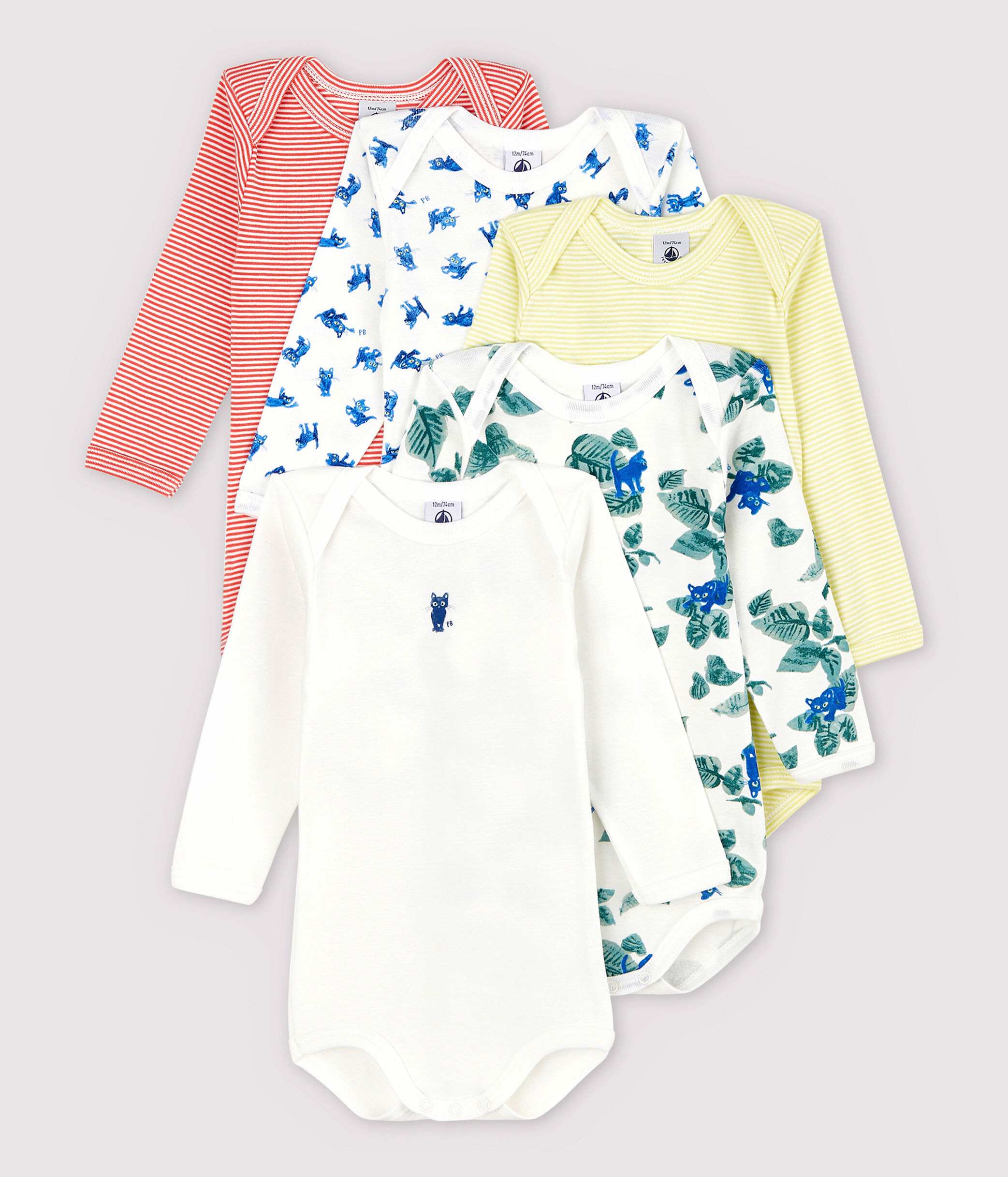 Lot de 5 bodies manches longues chat bebe variante 1 Petit Bateau