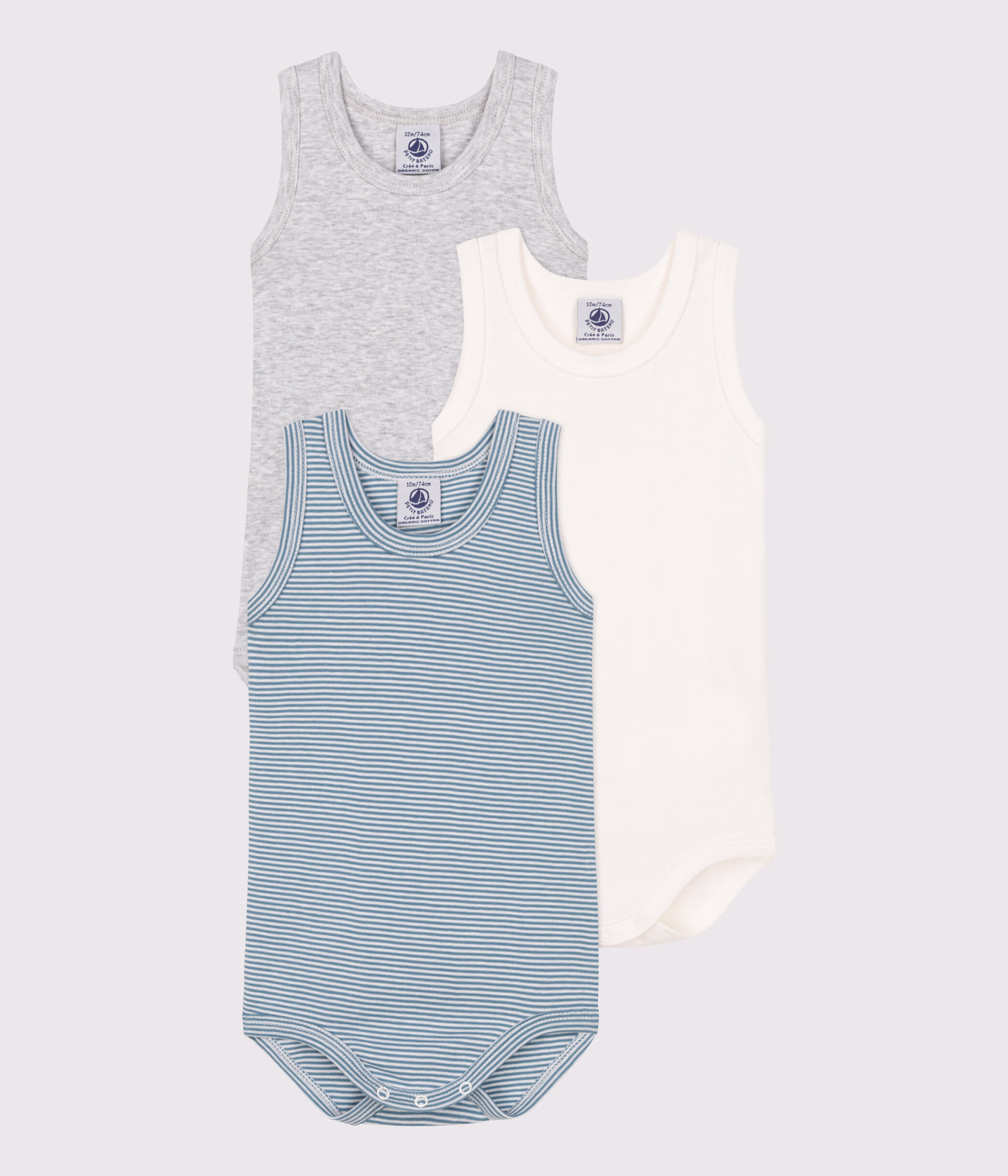 Lot de 3 bodies sans manches milleraies bebe en coton variante 1 Petit Bateau