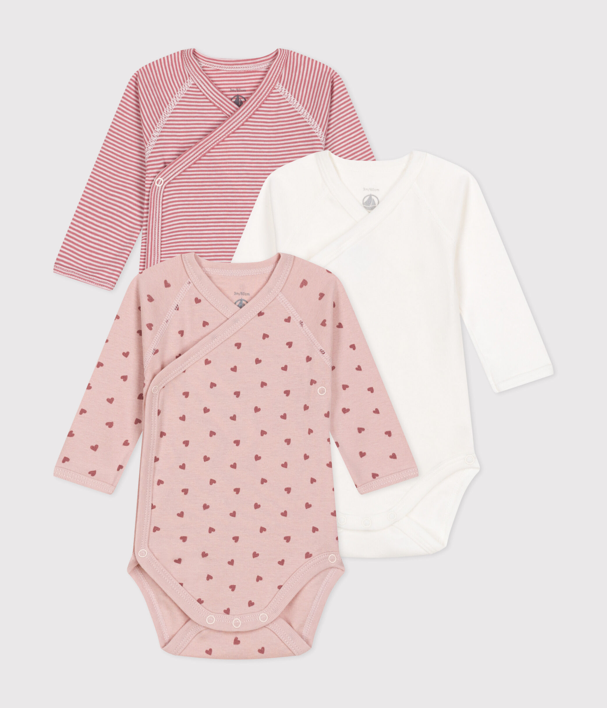 Lot de 3 bodies croises manches longues en coton bebe variante 2 Petit Bateau
