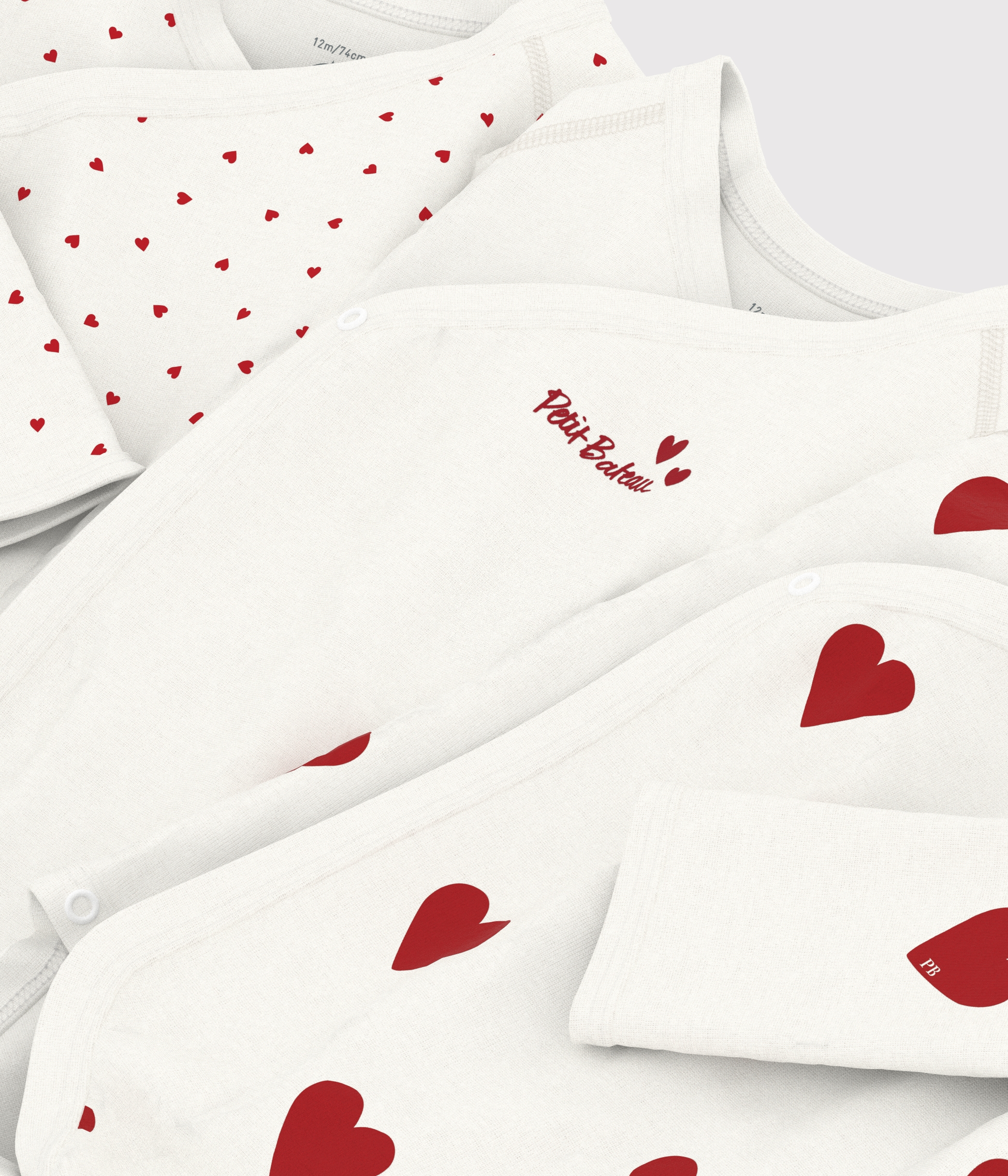 Lot de 3 bodies croisés cœur rouge manches longues bébé en coton biologique
