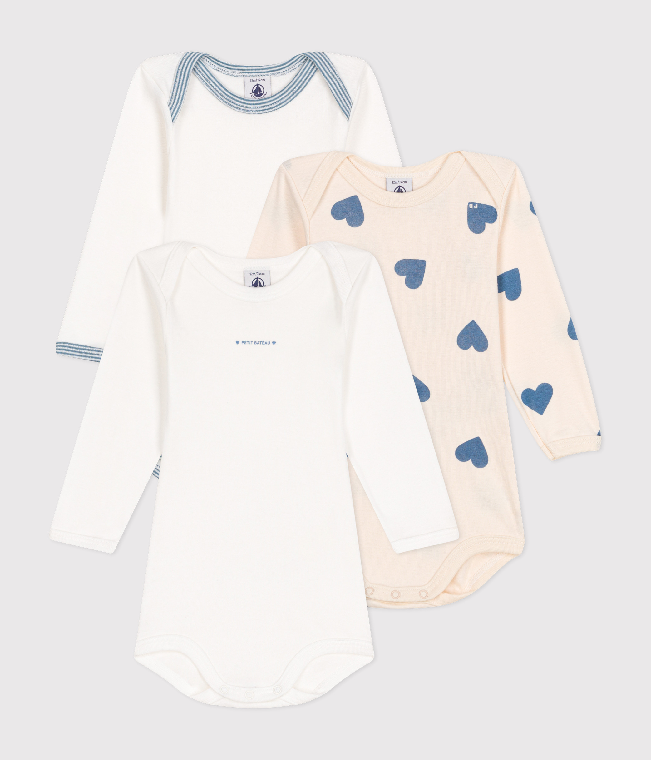 Lot de 3 bodies manches longues c urs bleu en coton bebe variante 1 Petit Bateau